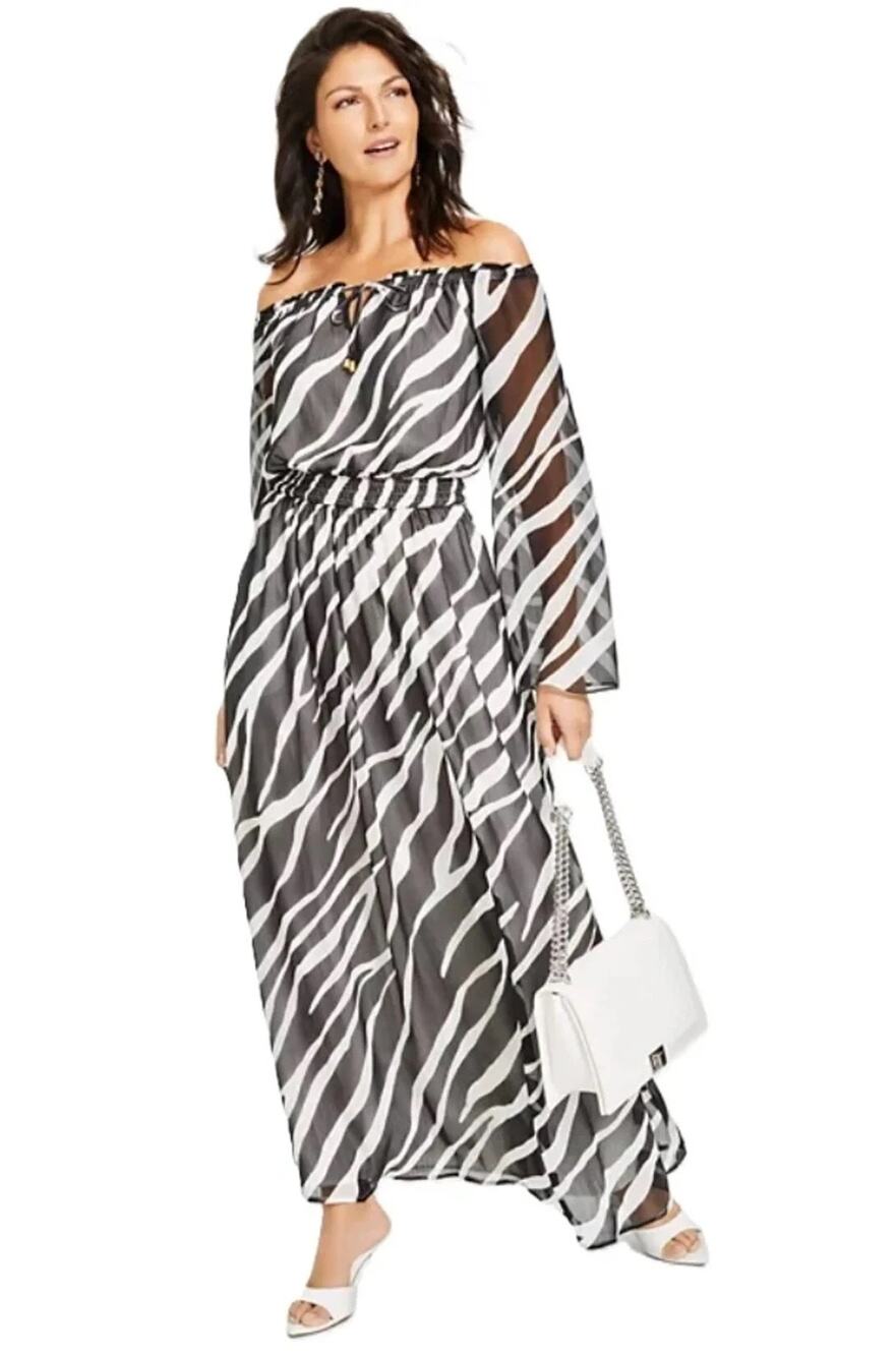 NWT INC Ellie Zebra Print Chiffon Maxi Dress Size L Smocked Waist Tie Neck Lined